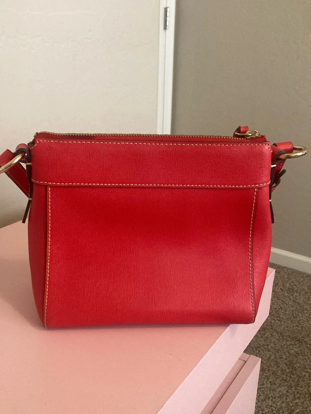 Dooney & Bourke Coral-Red Leather Crossbody with Gold Hardware